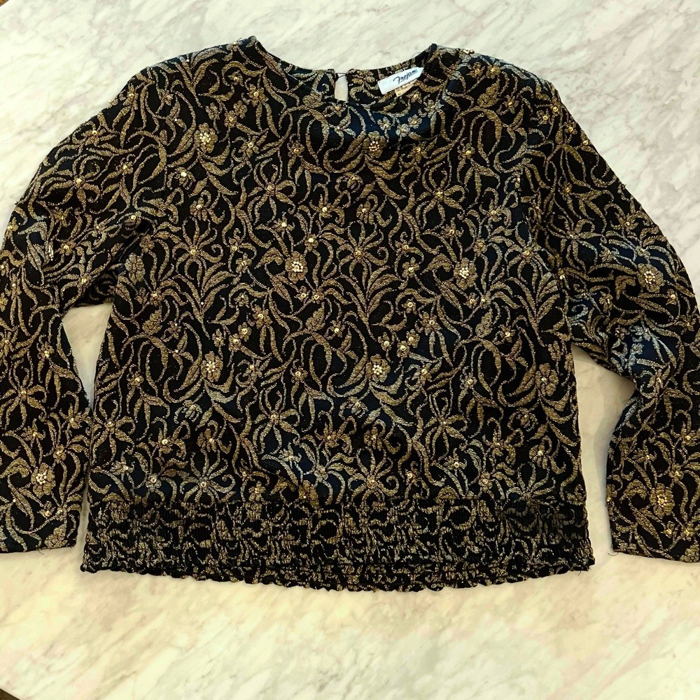 Vintage‎ Frejani Gold Beaded Blouse Party Top Long Sleeve Smocked Waist Size 16